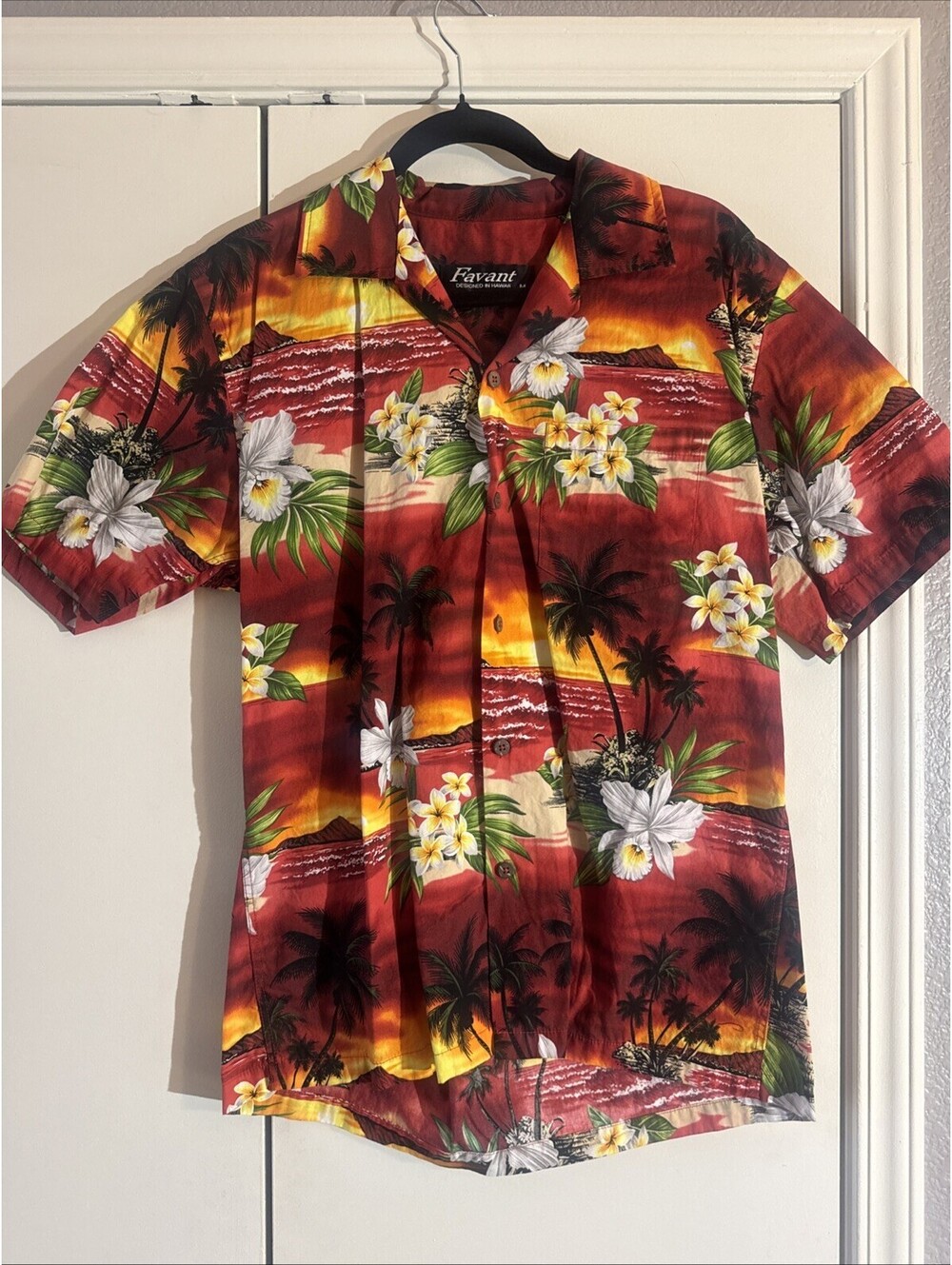 Vintage Favant Designed In Hawaii Shirts Mens Size M Red Sunset Beach Floral